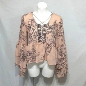 Sun & Shadow Boho Festival Cottagecore Floral Sheer Bell Sleeve Peplum Top Small